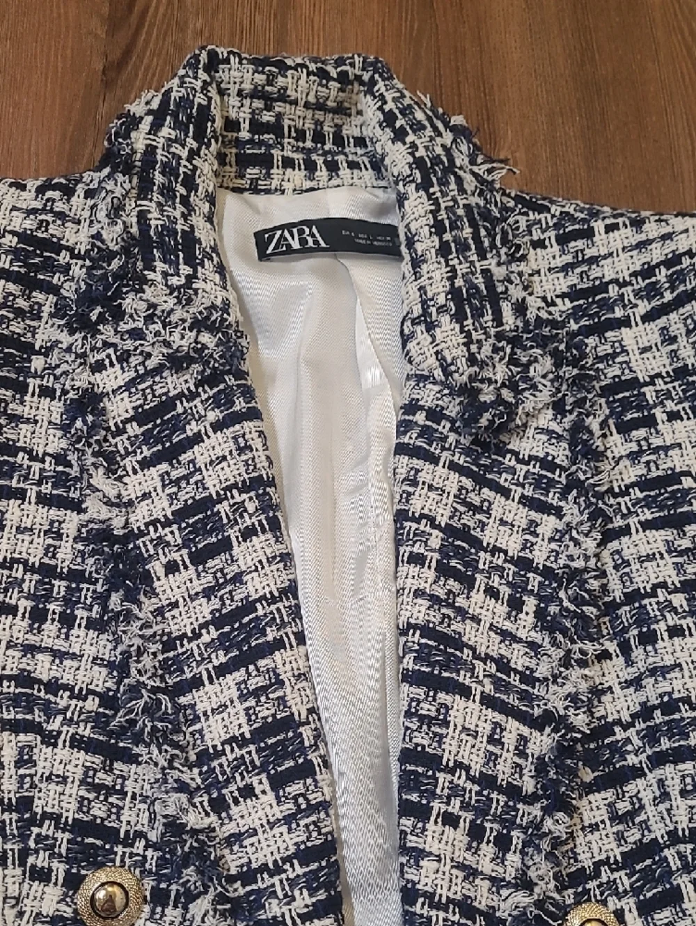 ZARA Navy and White Tweed Double-Breasted Crop Blazer